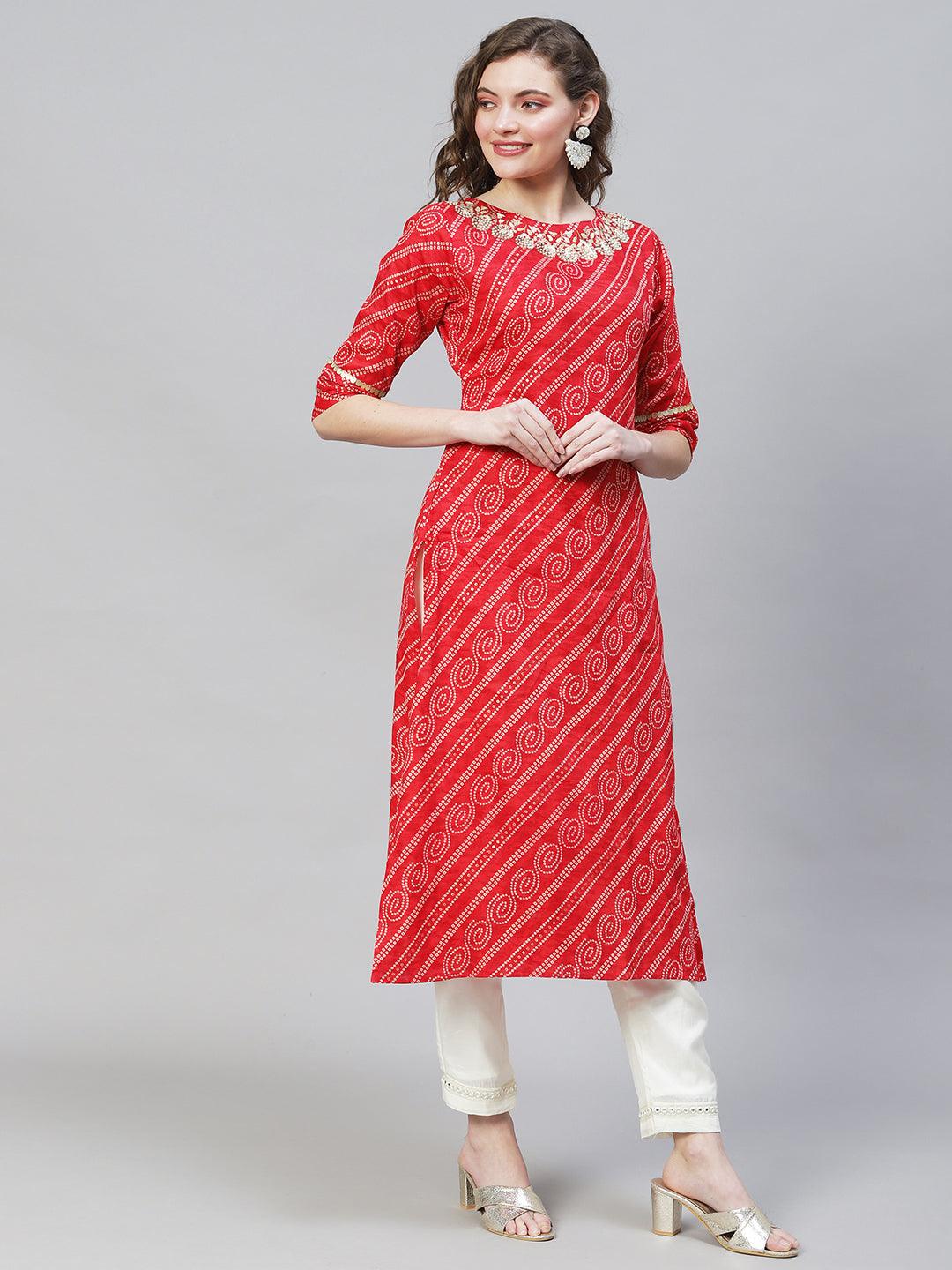 Bandhani Printed & Hand Embroidered Straight Fit Kurta – Red - Indiakreations