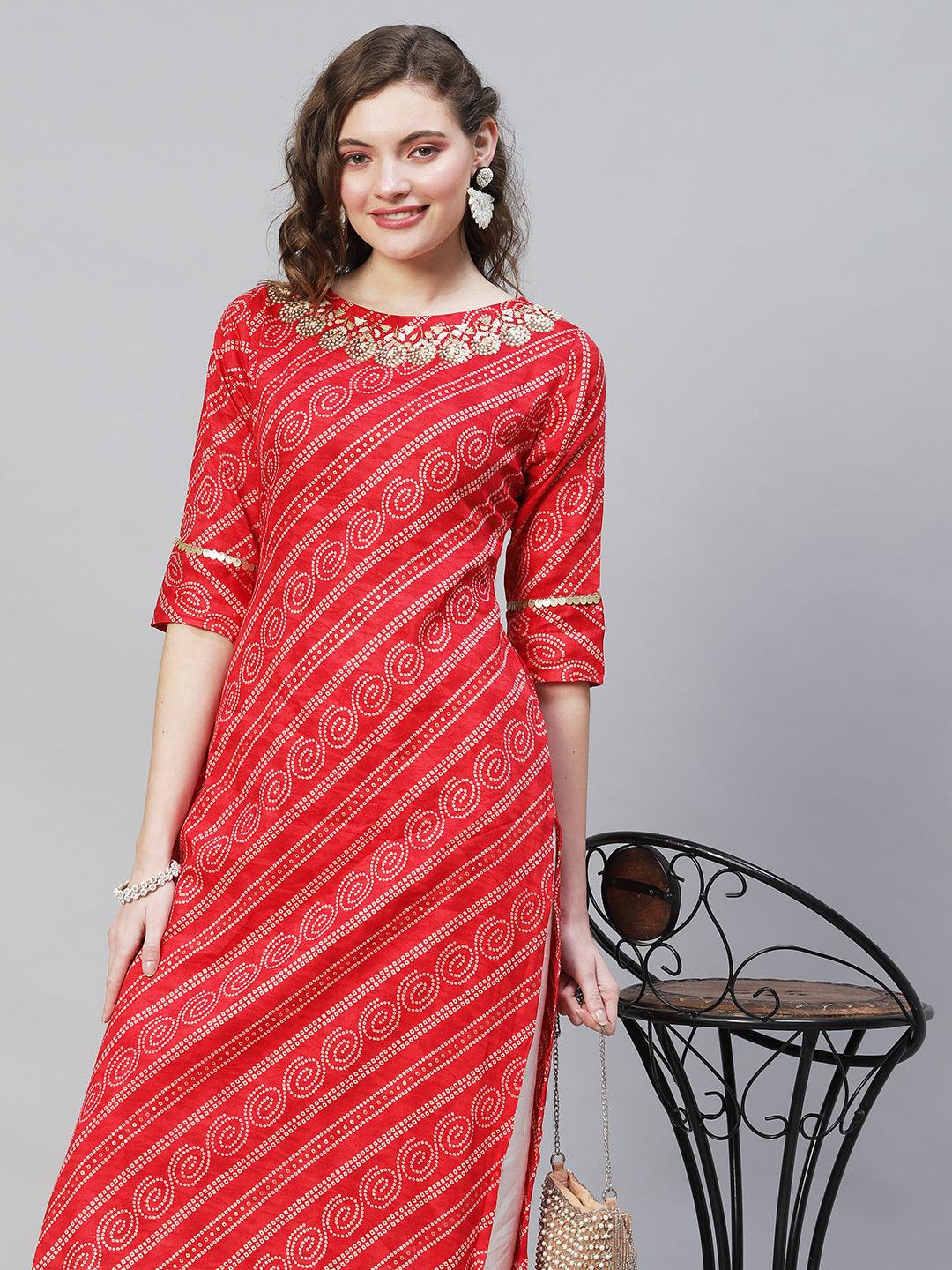 Bandhani Printed & Hand Embroidered Straight Fit Kurta – Red - Indiakreations