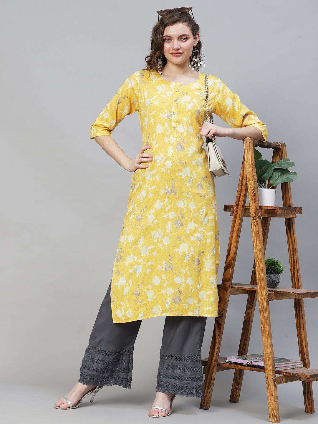 Floral Printed Straight Fit Kurta - Yellow - Indiakreations