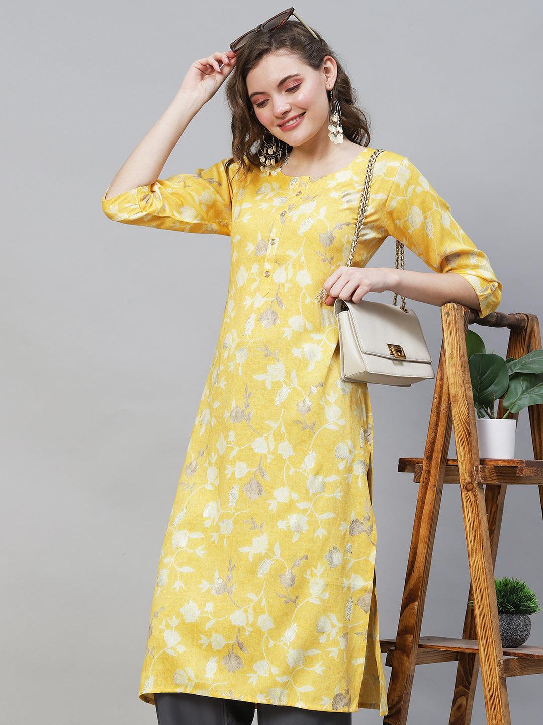 Floral Printed Straight Fit Kurta - Yellow - Indiakreations