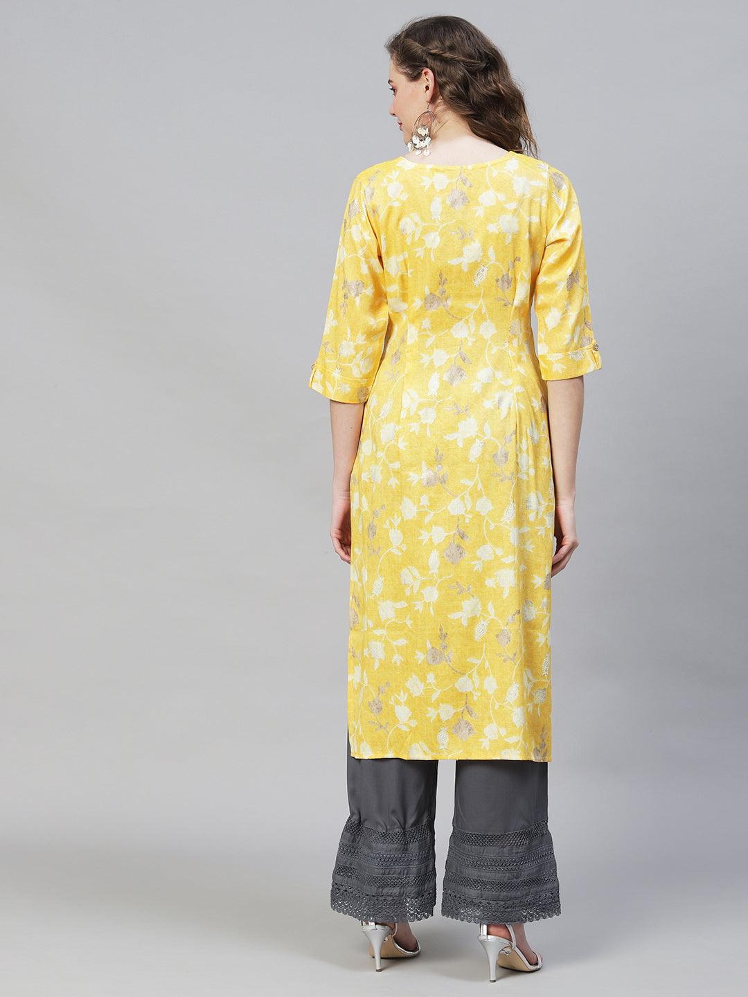 Floral Printed Straight Fit Kurta - Yellow - Indiakreations