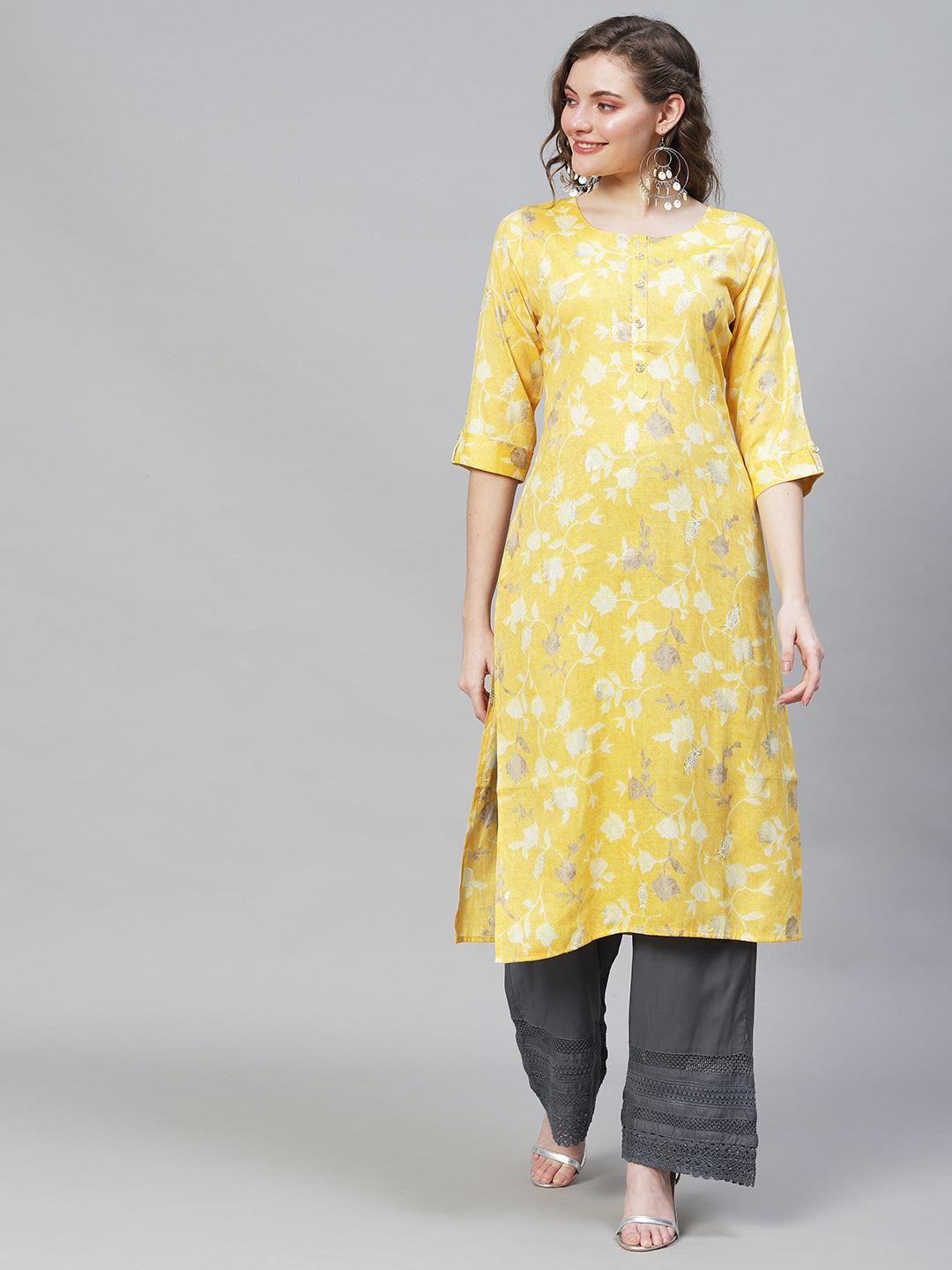 Floral Printed Straight Fit Kurta - Yellow - Indiakreations