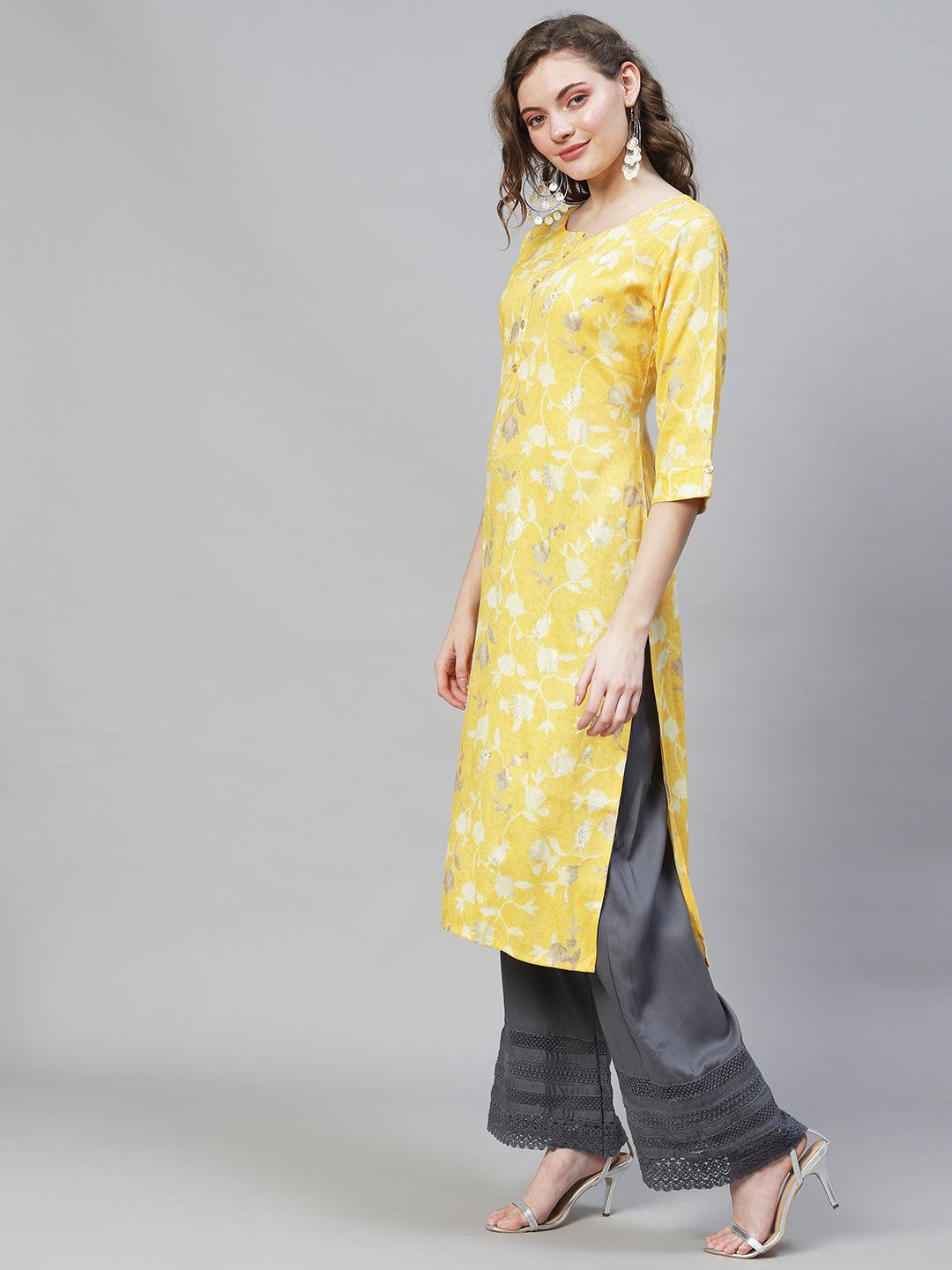 Floral Printed Straight Fit Kurta - Yellow - Indiakreations