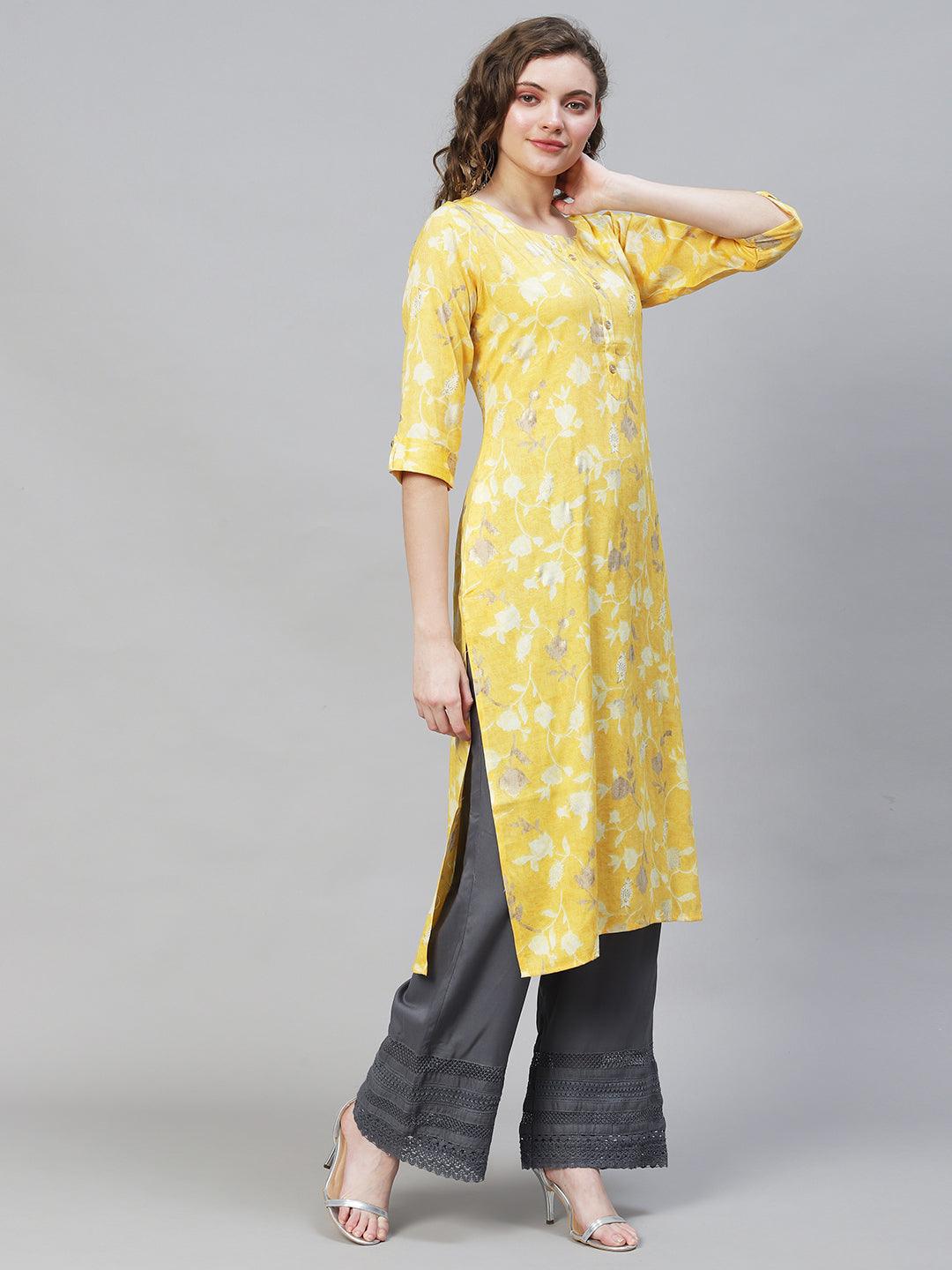 Floral Printed Straight Fit Kurta - Yellow - Indiakreations