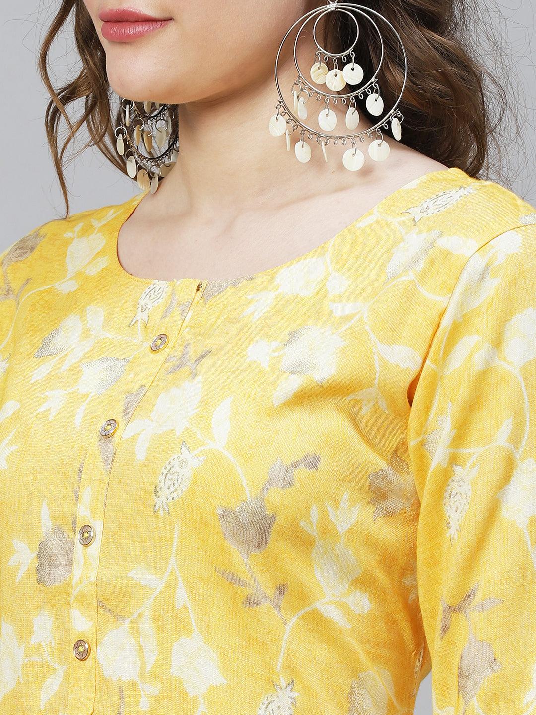 Floral Printed Straight Fit Kurta - Yellow - Indiakreations