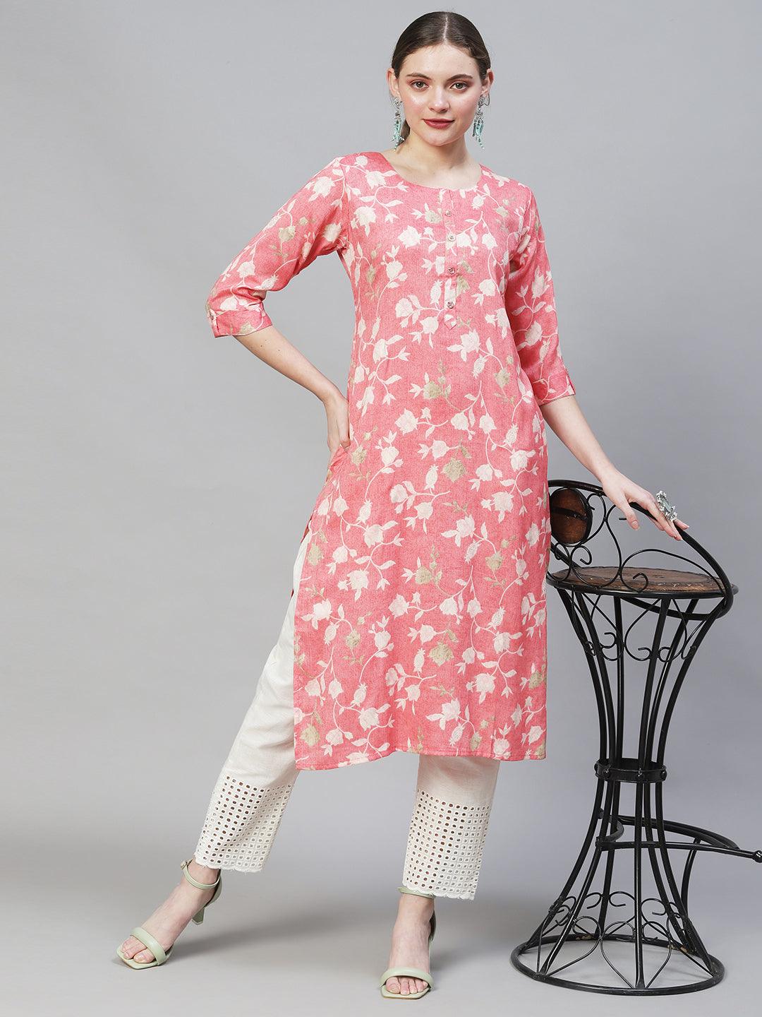 Floral Printed Straight Fit Kurta - Pink - Indiakreations