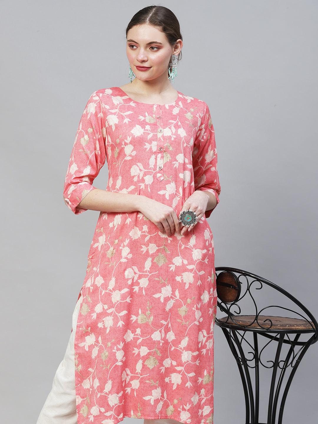 Floral Printed Straight Fit Kurta - Pink - Indiakreations