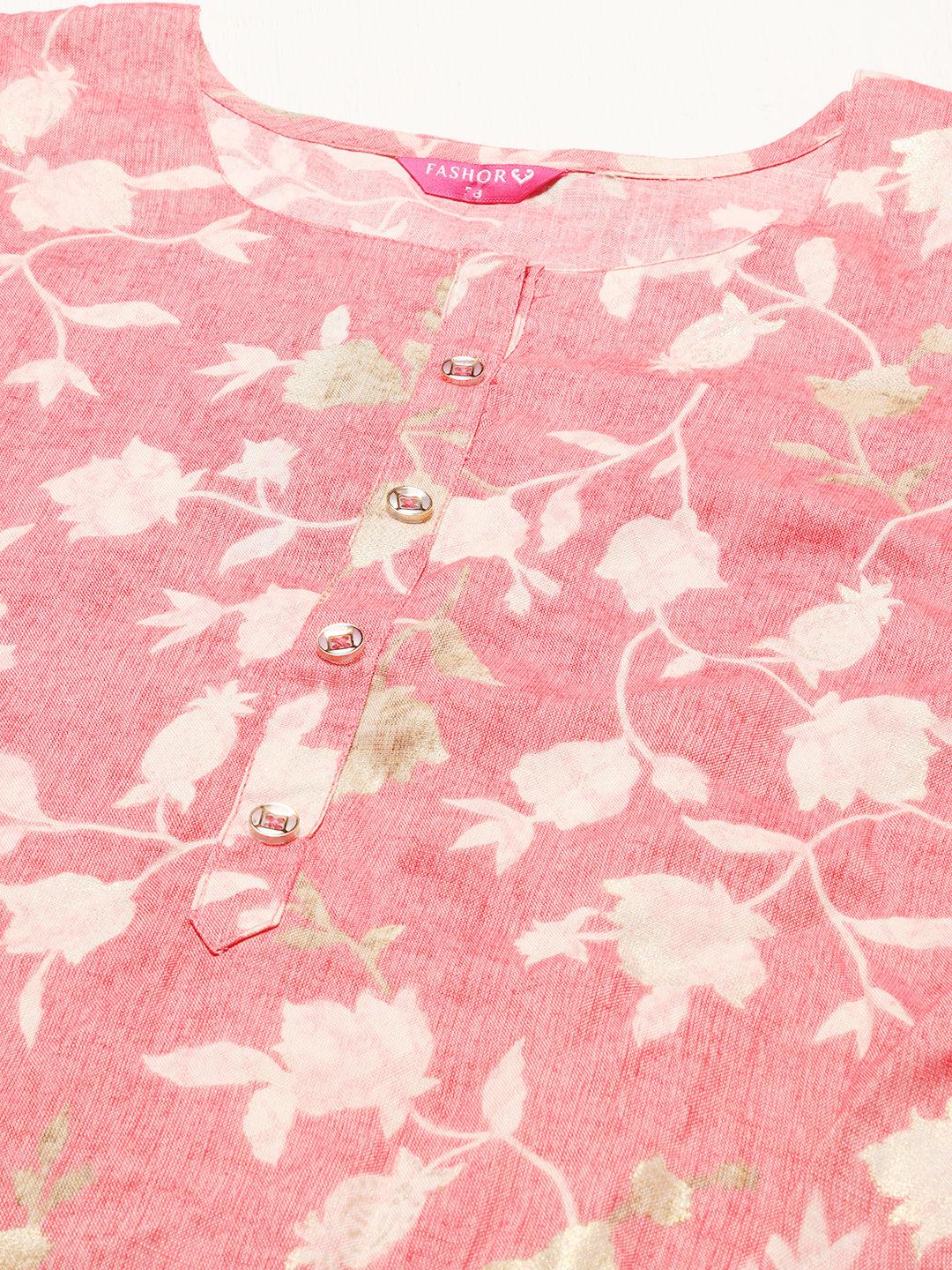 Floral Printed Straight Fit Kurta - Pink - Indiakreations