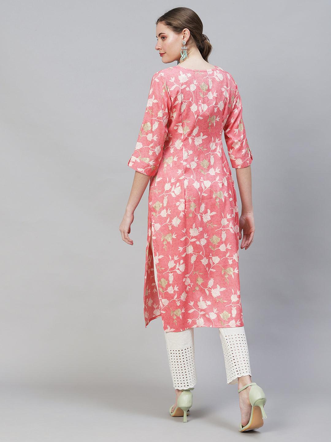 Floral Printed Straight Fit Kurta - Pink - Indiakreations