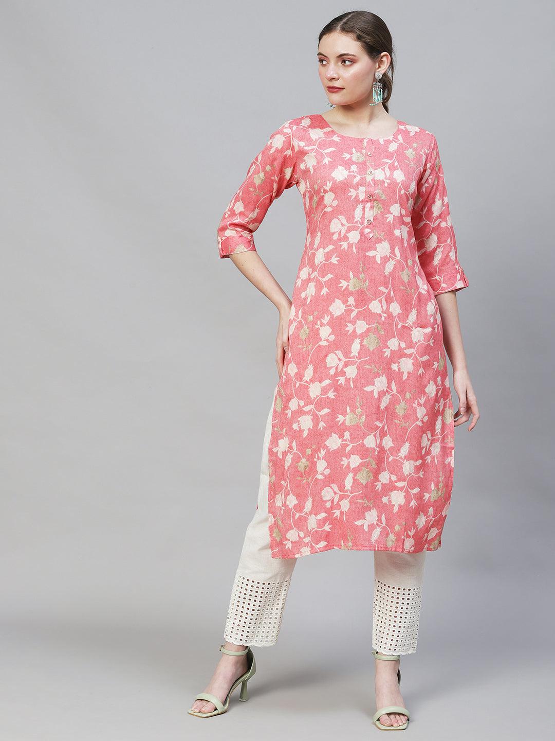 Floral Printed Straight Fit Kurta - Pink - Indiakreations