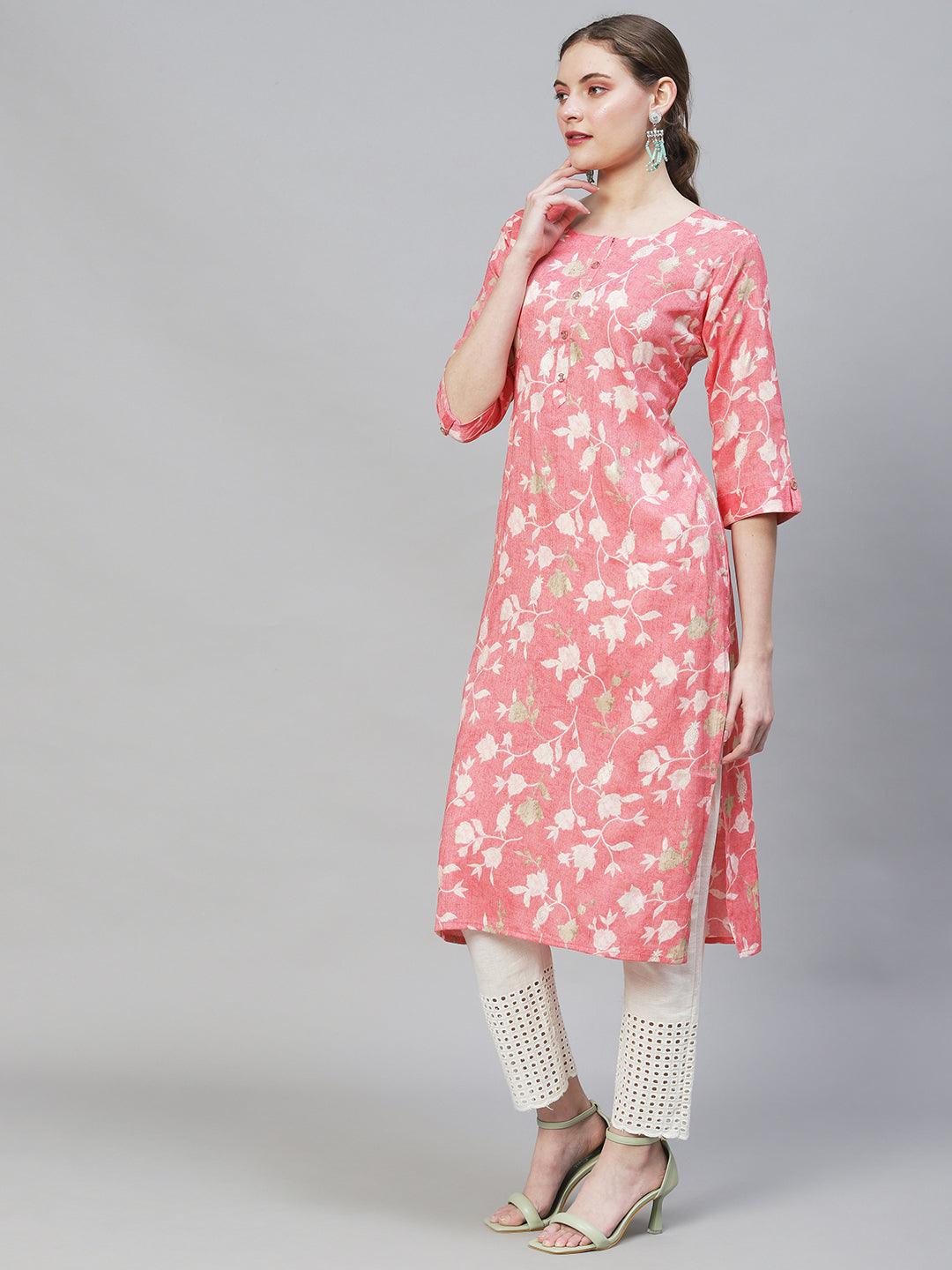 Floral Printed Straight Fit Kurta - Pink - Indiakreations