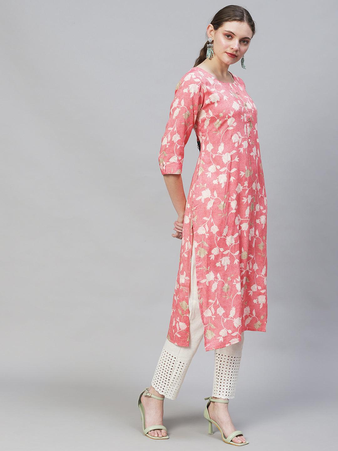 Floral Printed Straight Fit Kurta - Pink - Indiakreations