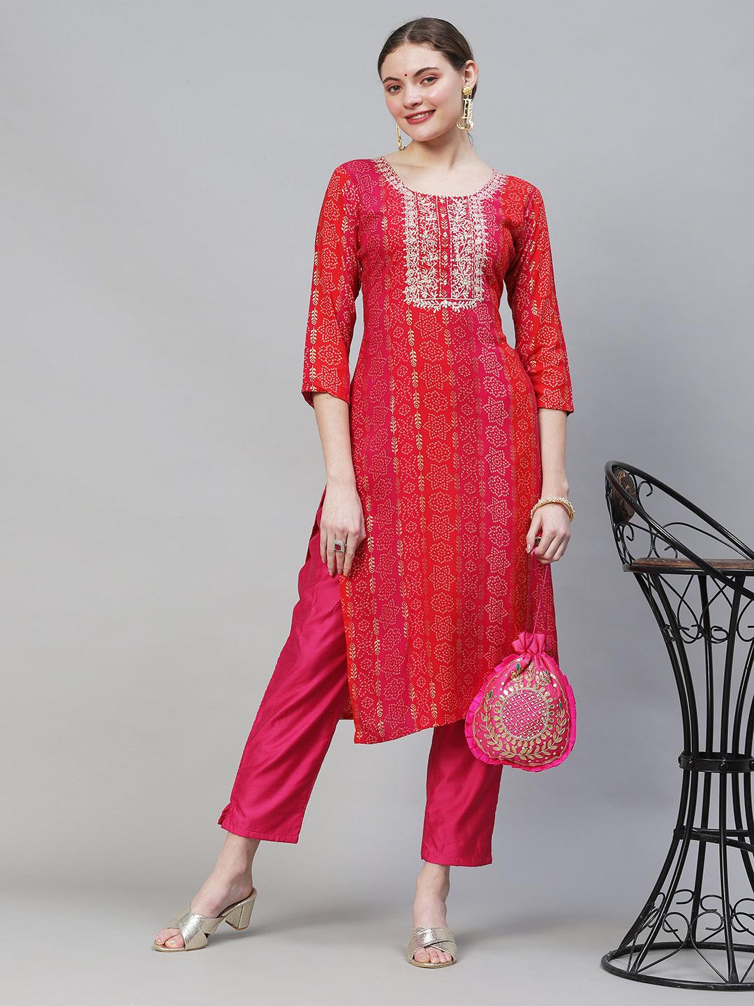 Bandhani Printed & Mirror Embroidered Straight Fit Kurta - Multi - Indiakreations