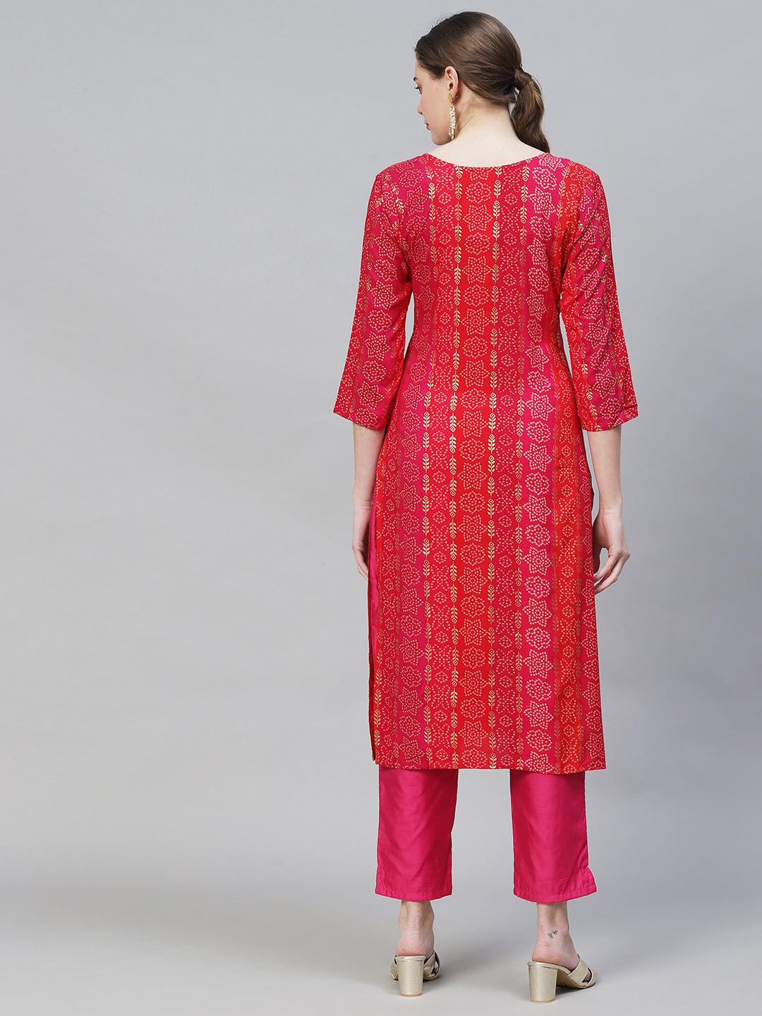 Bandhani Printed & Mirror Embroidered Straight Fit Kurta - Multi - Indiakreations