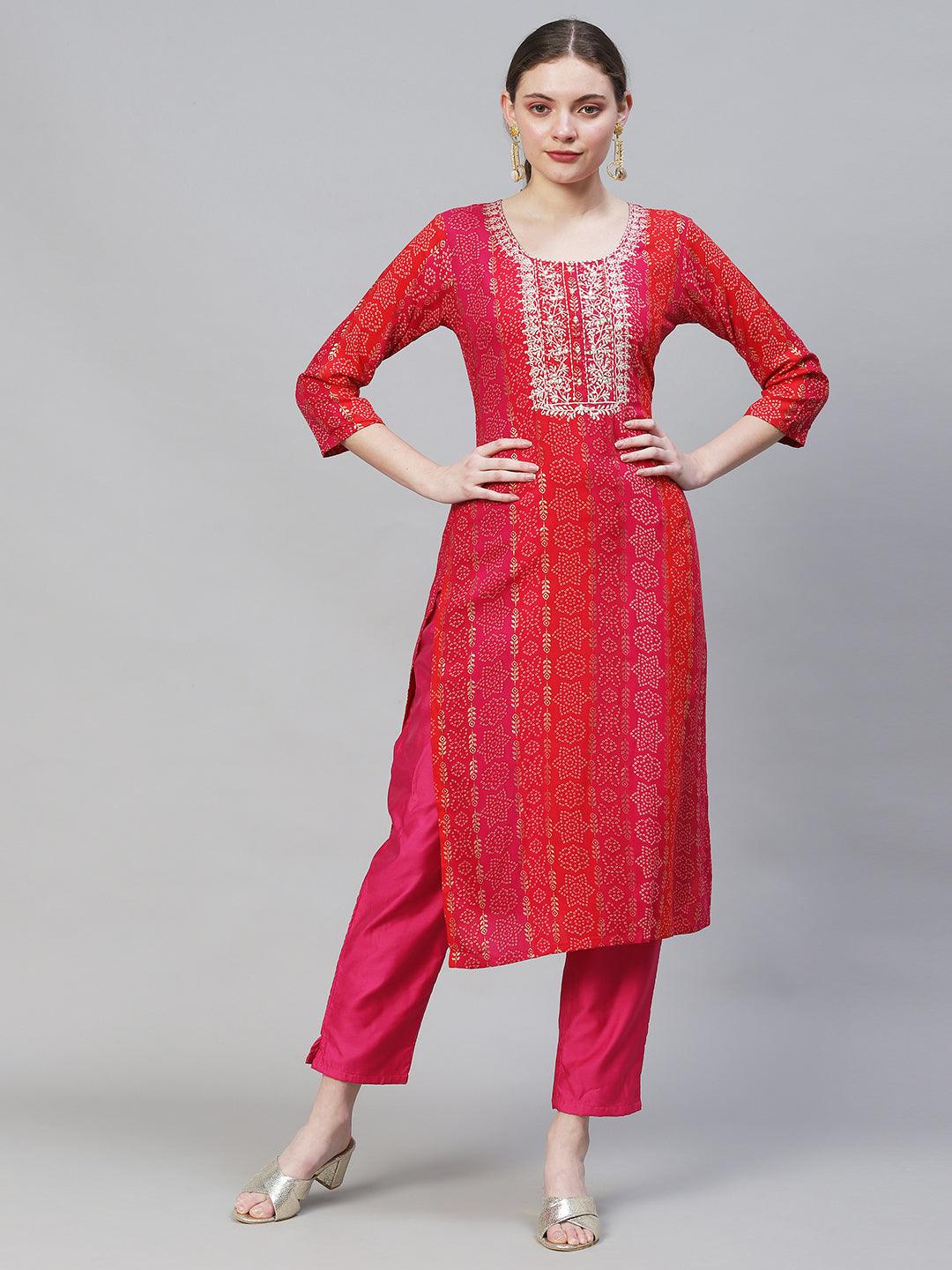 Bandhani Printed & Mirror Embroidered Straight Fit Kurta - Multi - Indiakreations