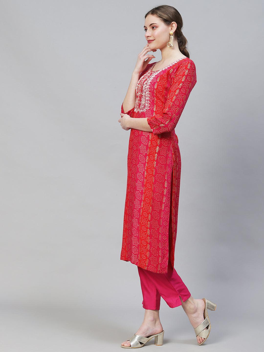 Bandhani Printed & Mirror Embroidered Straight Fit Kurta - Multi - Indiakreations