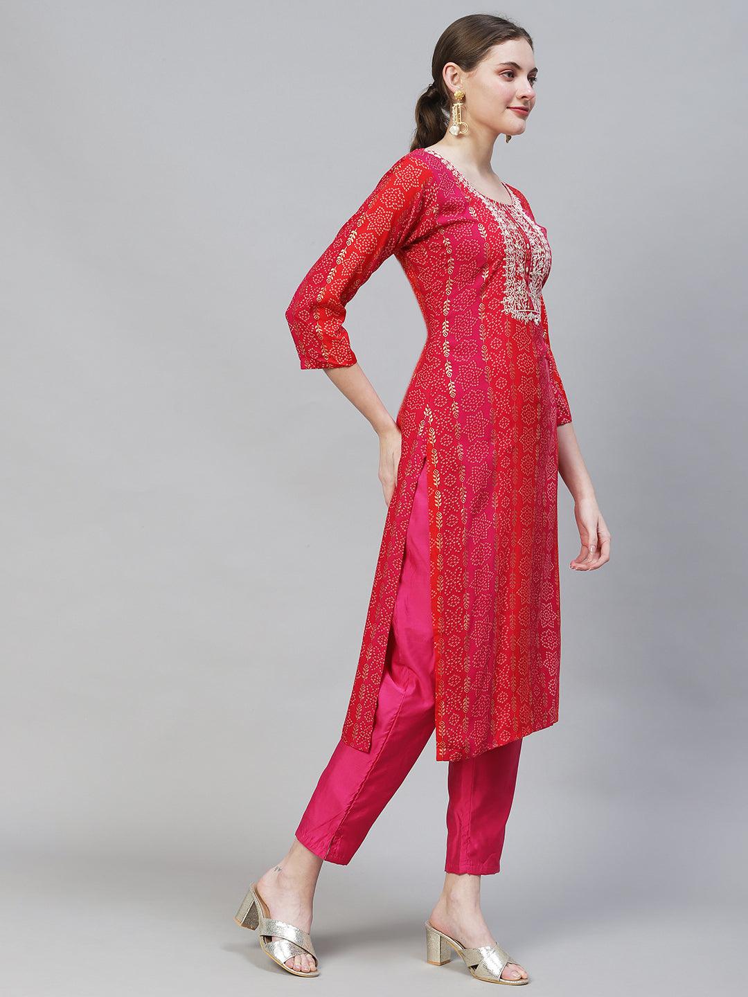 Bandhani Printed & Mirror Embroidered Straight Fit Kurta - Multi - Indiakreations