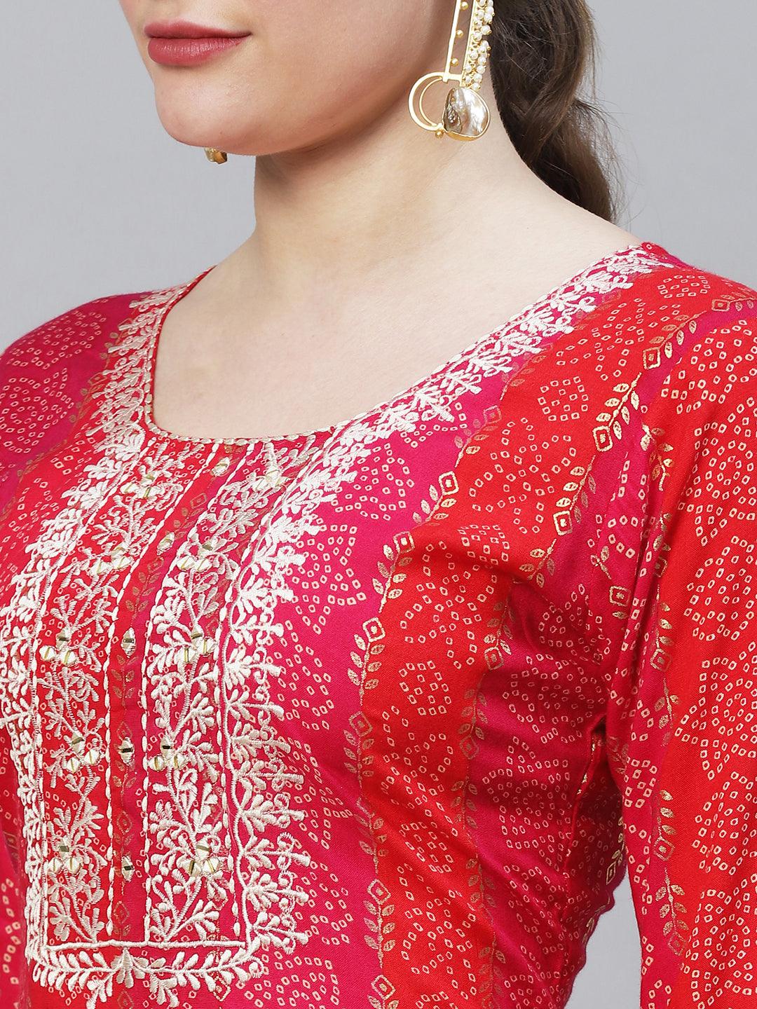 Bandhani Printed & Mirror Embroidered Straight Fit Kurta - Multi - Indiakreations