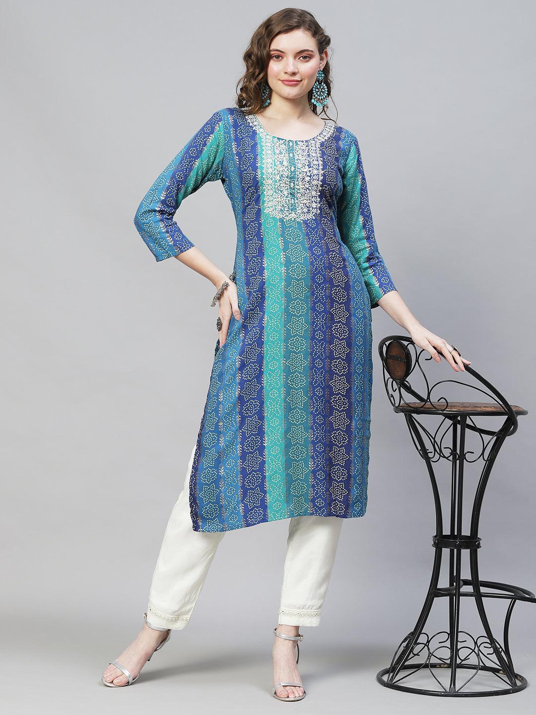 Bandhani Printed & Mirror Embroidered Straight Fit Kurta - Multi - Indiakreations