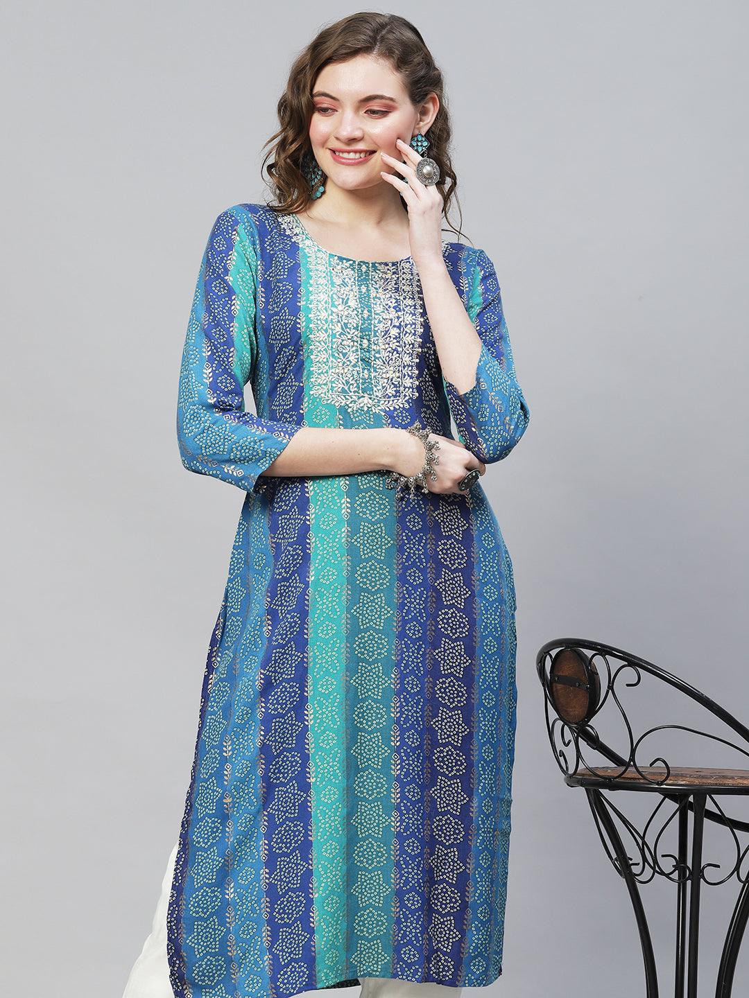 Bandhani Printed & Mirror Embroidered Straight Fit Kurta - Multi - Indiakreations