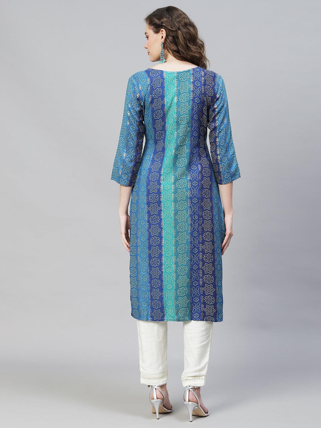 Bandhani Printed & Mirror Embroidered Straight Fit Kurta - Multi - Indiakreations