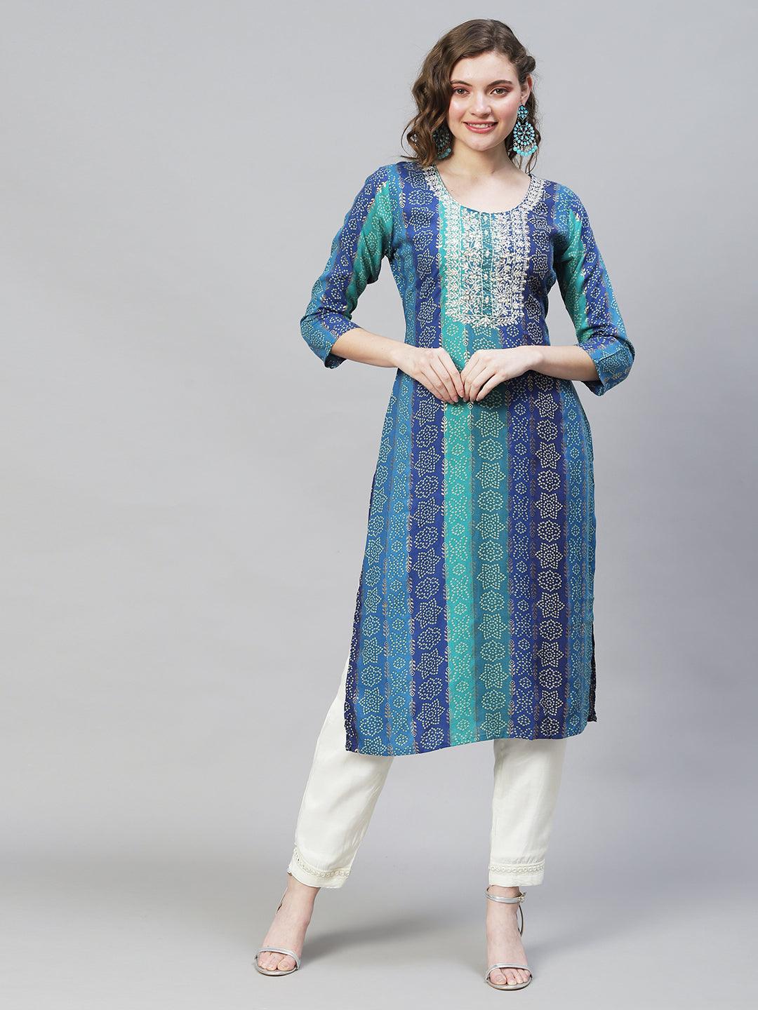 Bandhani Printed & Mirror Embroidered Straight Fit Kurta - Multi - Indiakreations