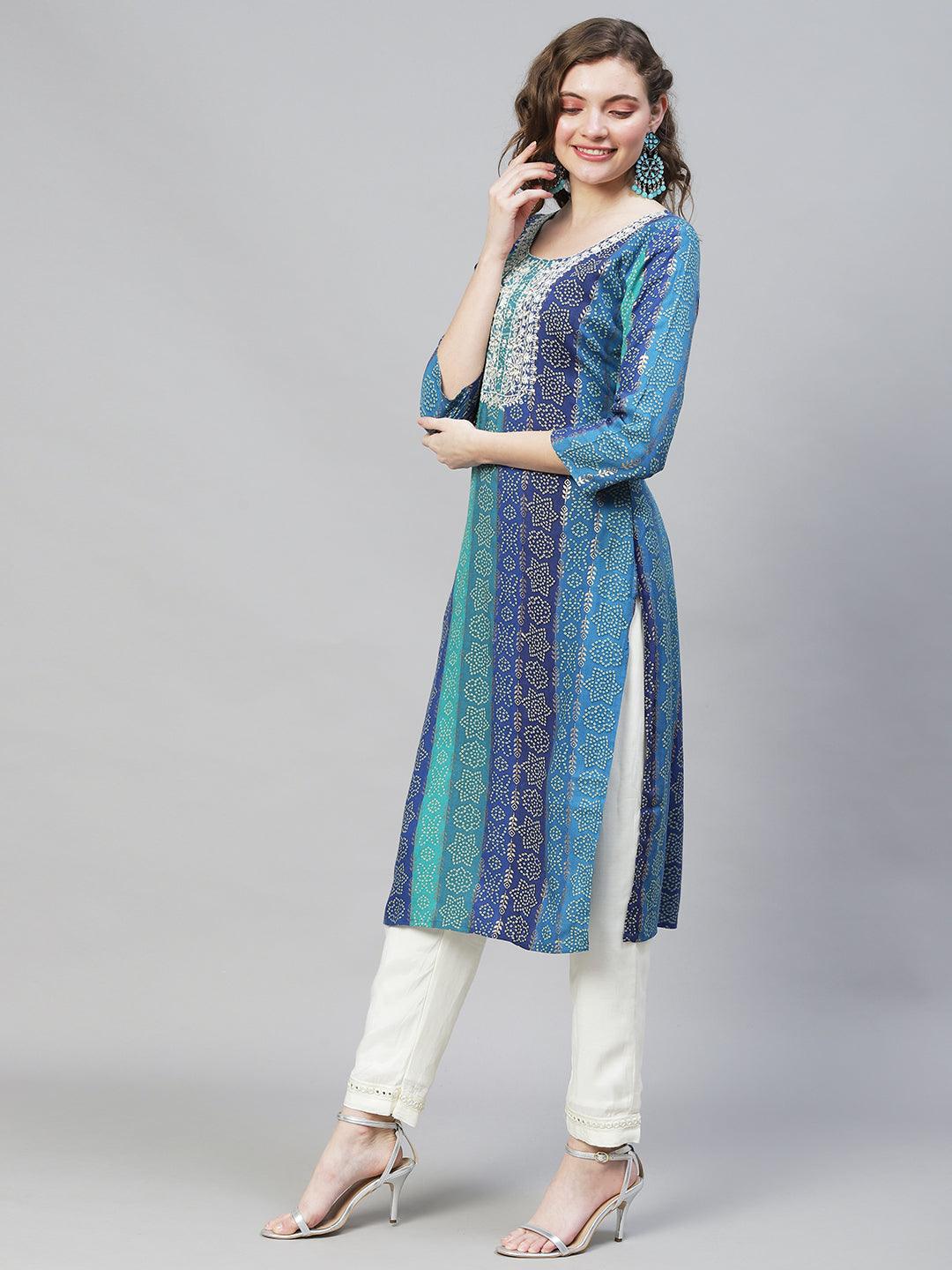 Bandhani Printed & Mirror Embroidered Straight Fit Kurta - Multi - Indiakreations