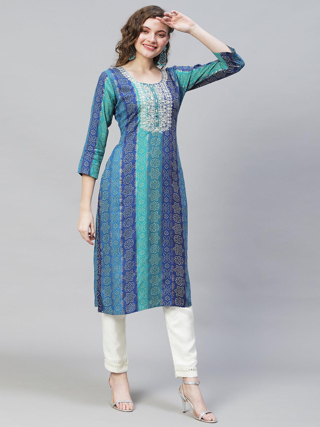 Bandhani Printed & Mirror Embroidered Straight Fit Kurta - Multi - Indiakreations