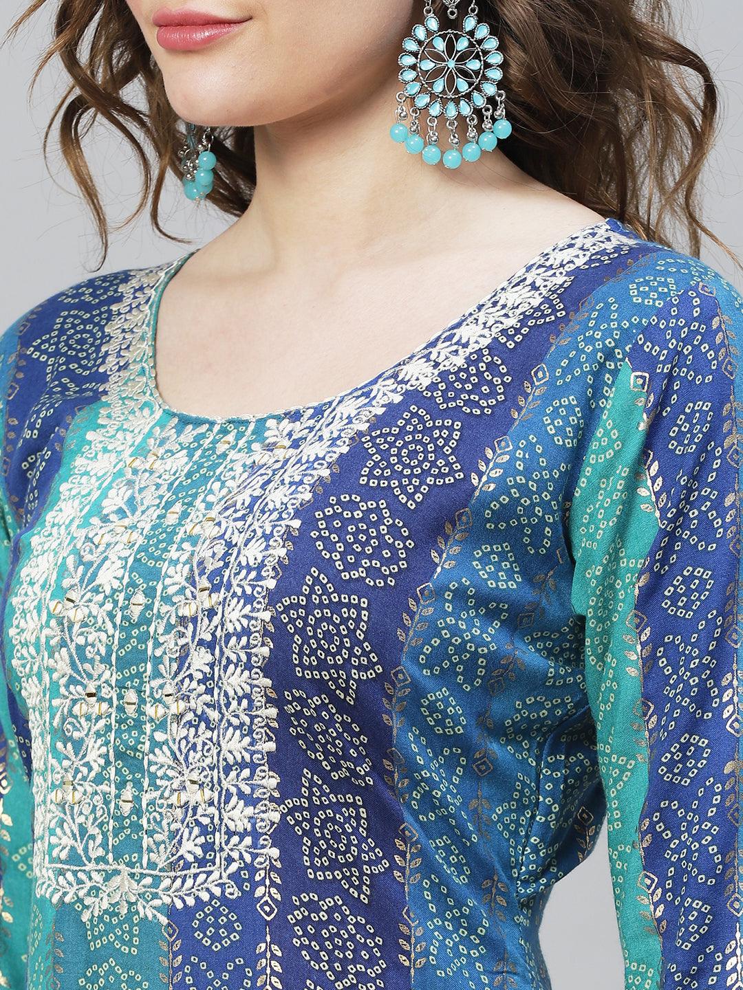 Bandhani Printed & Mirror Embroidered Straight Fit Kurta - Multi - Indiakreations