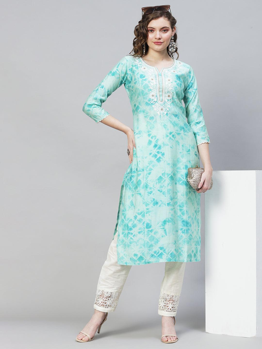 Tie-Dye Printed & Embroidered Straight Fit Kurta - Light Turquoise - Indiakreations