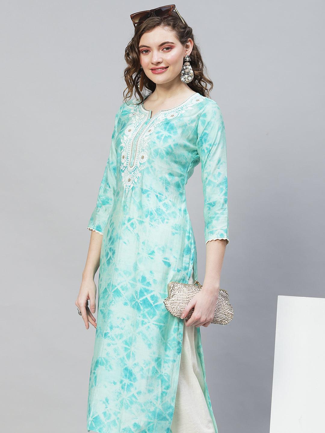 Tie-Dye Printed & Embroidered Straight Fit Kurta - Light Turquoise - Indiakreations