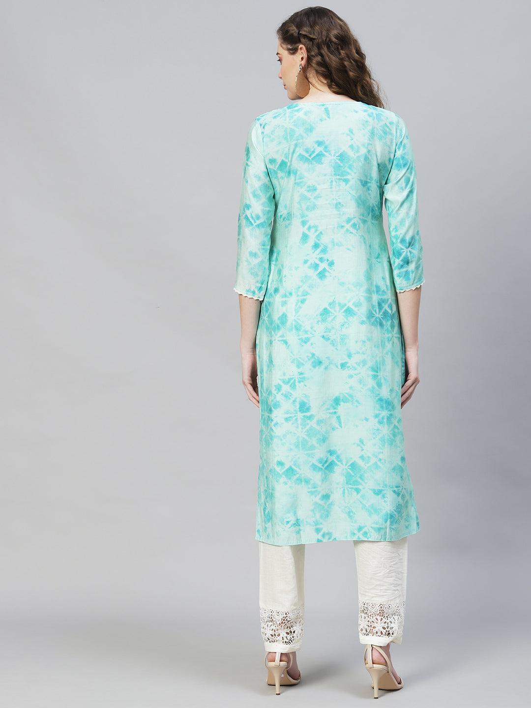 Tie-Dye Printed & Embroidered Straight Fit Kurta - Light Turquoise - Indiakreations