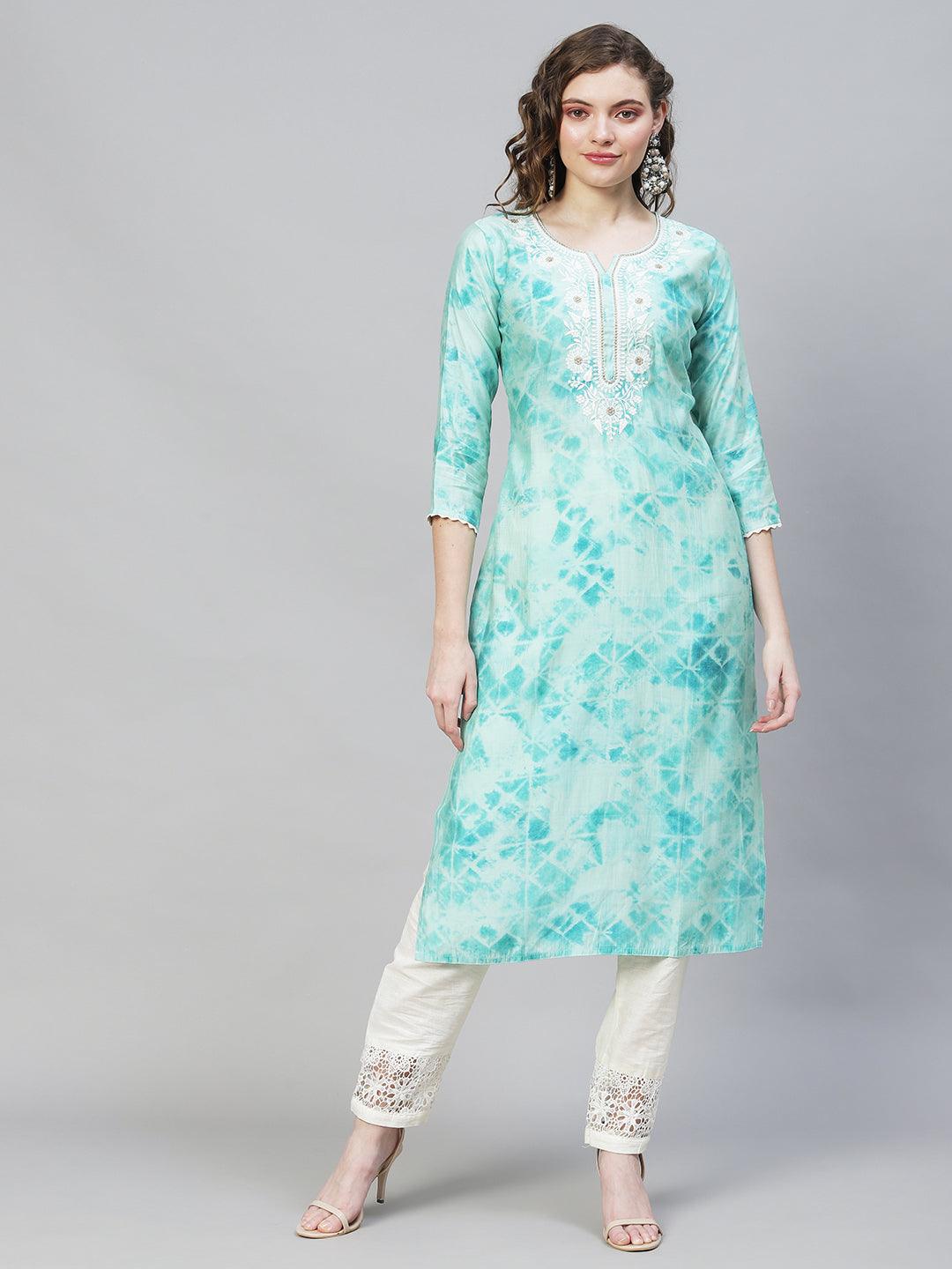 Tie-Dye Printed & Embroidered Straight Fit Kurta - Light Turquoise - Indiakreations