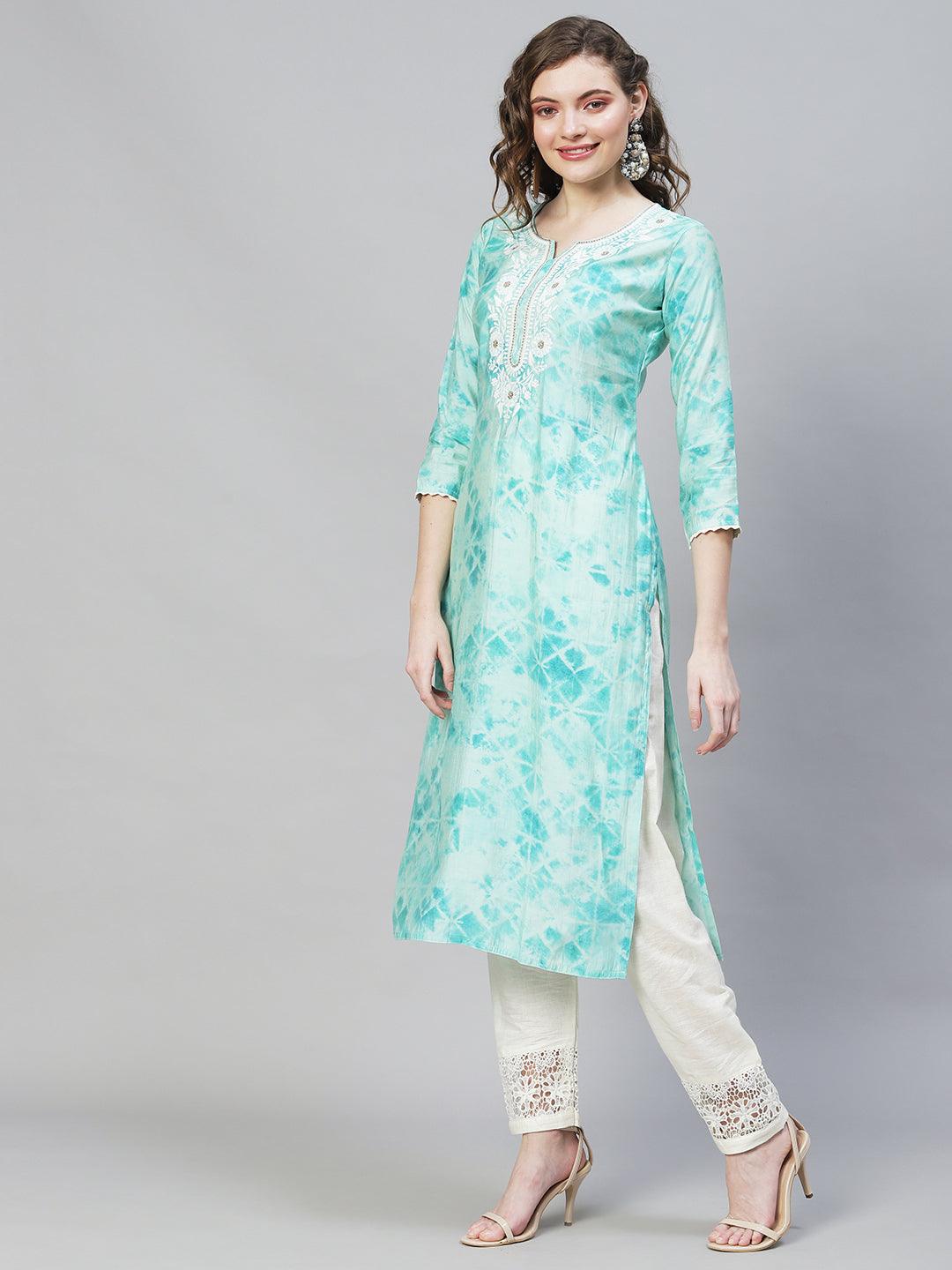 Tie-Dye Printed & Embroidered Straight Fit Kurta - Light Turquoise - Indiakreations