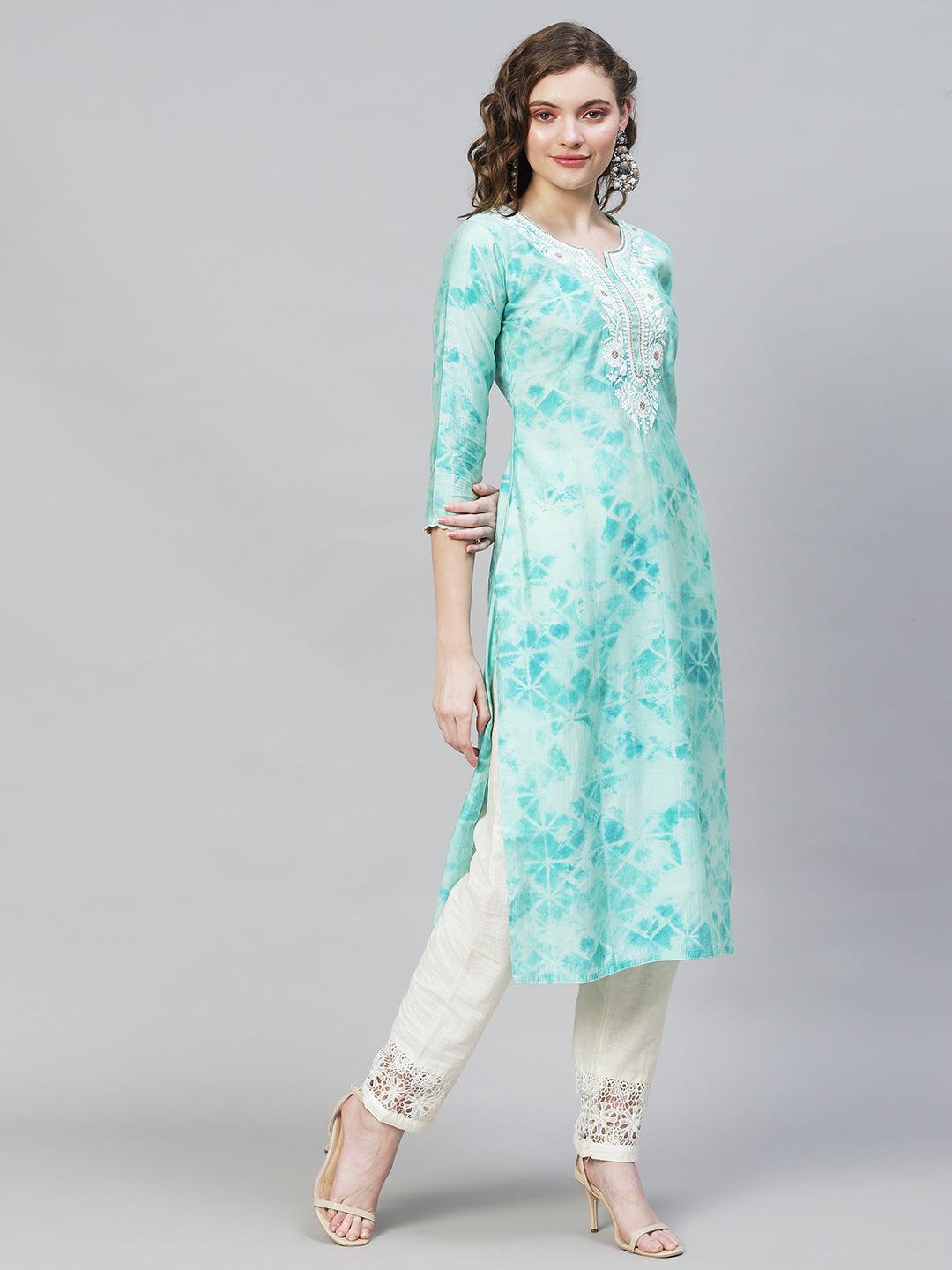 Tie-Dye Printed & Embroidered Straight Fit Kurta - Light Turquoise - Indiakreations