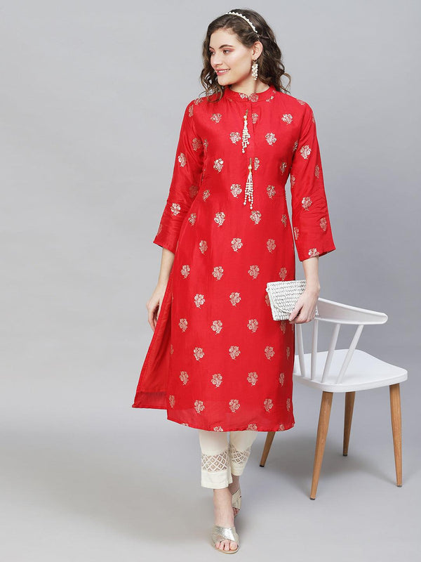 Ethnic Woven & Hand Embroidered Straight Fit Kurta - Red - Indiakreations