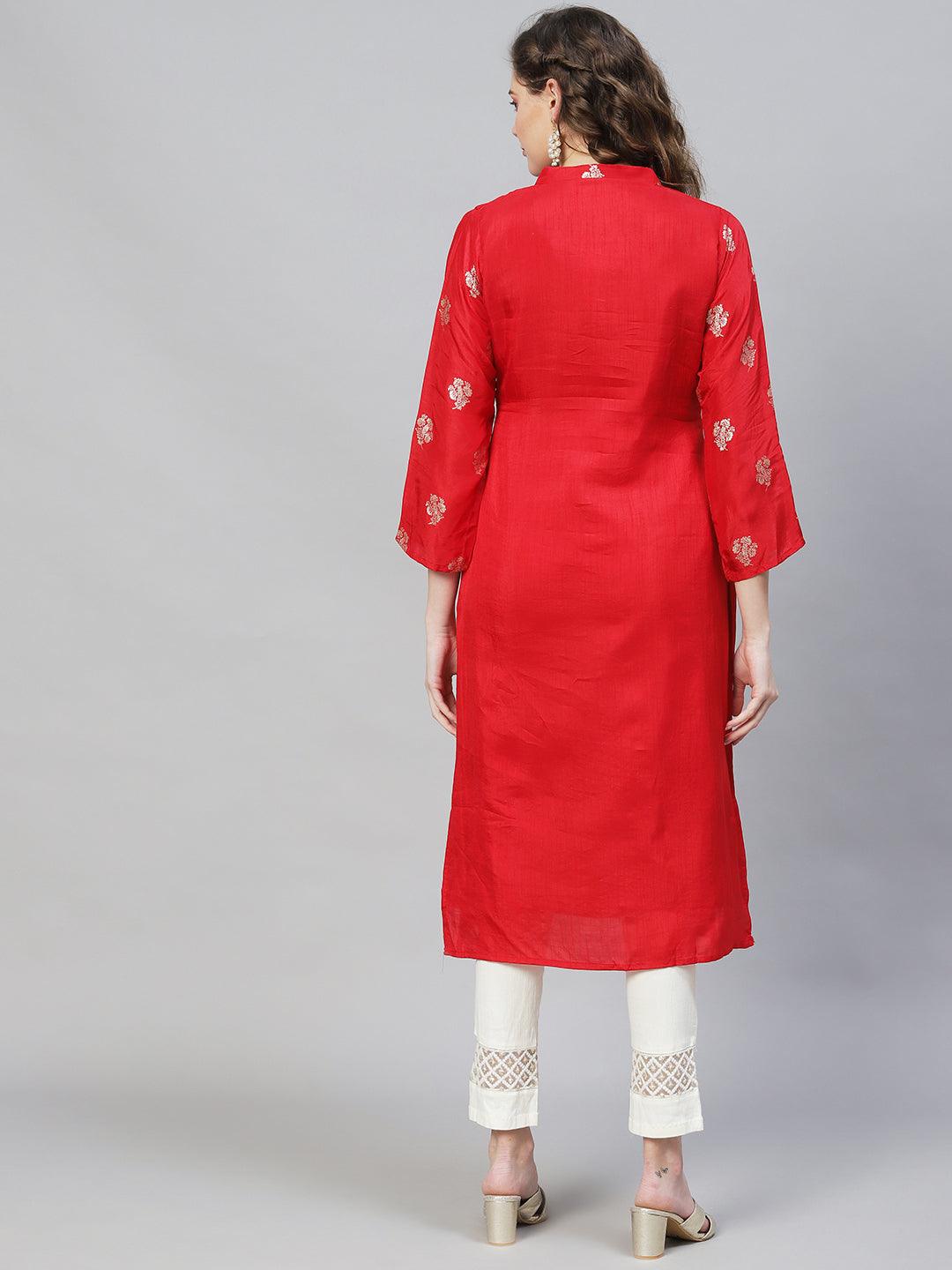 Ethnic Woven & Hand Embroidered Straight Fit Kurta - Red - Indiakreations