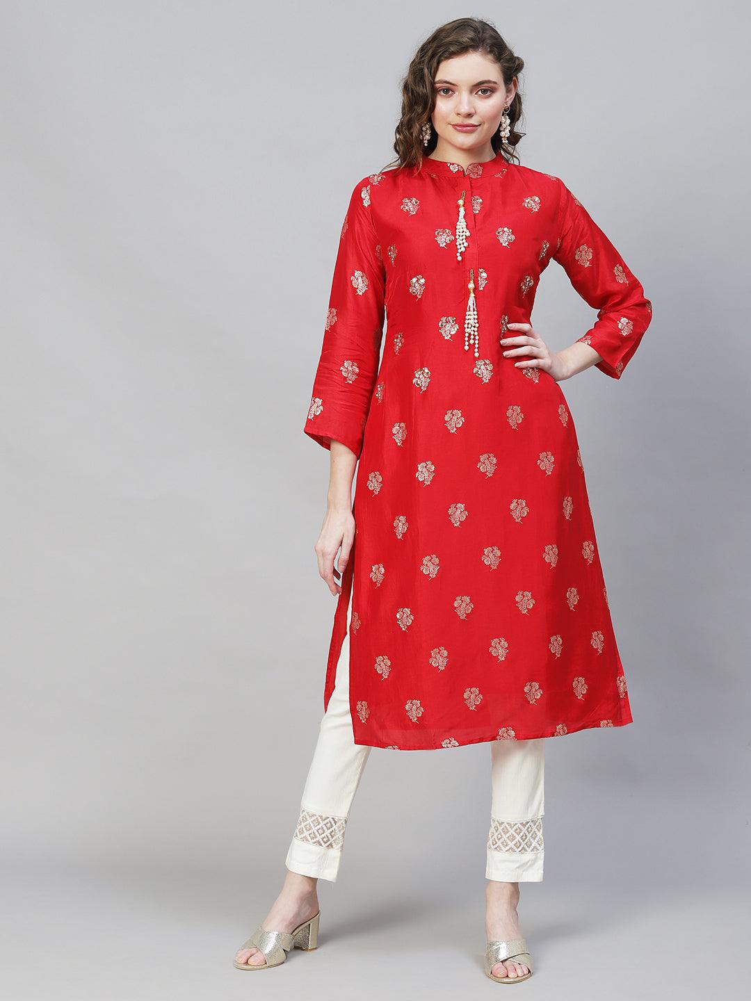 Ethnic Woven & Hand Embroidered Straight Fit Kurta - Red - Indiakreations