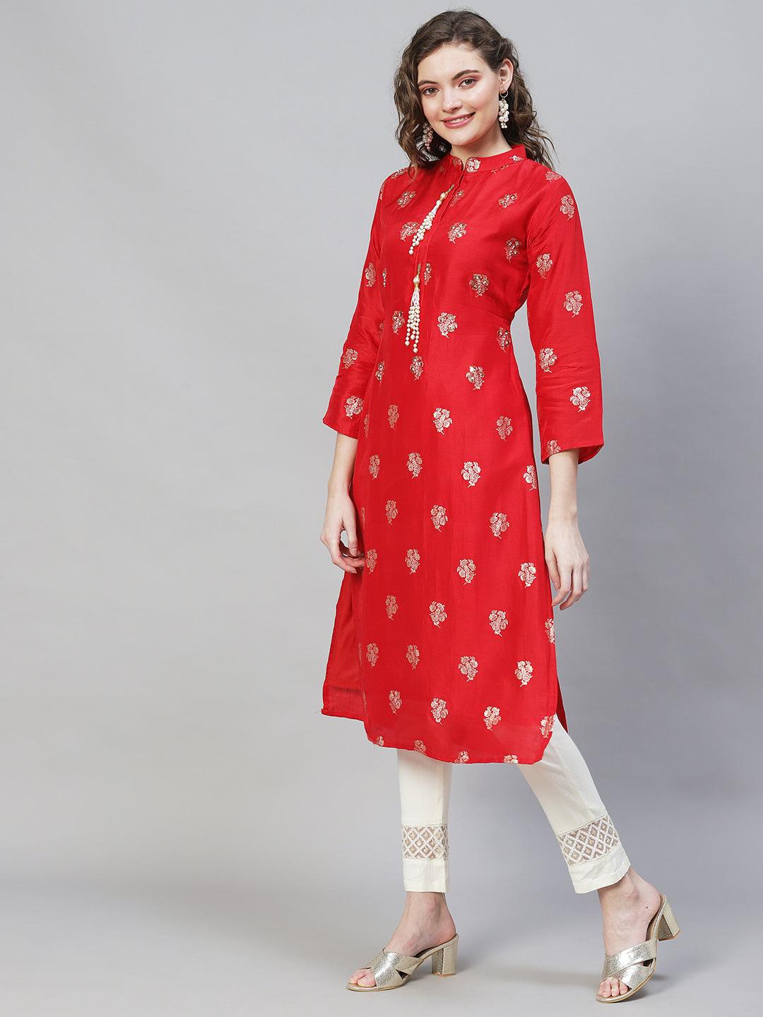 Ethnic Woven & Hand Embroidered Straight Fit Kurta - Red - Indiakreations