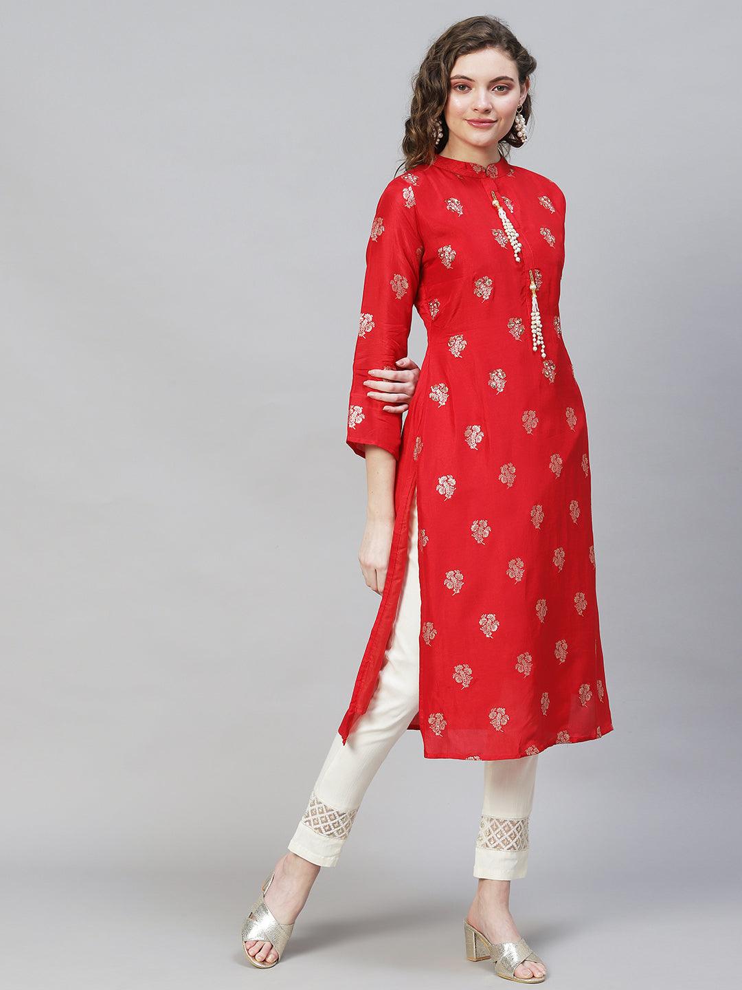 Ethnic Woven & Hand Embroidered Straight Fit Kurta - Red - Indiakreations