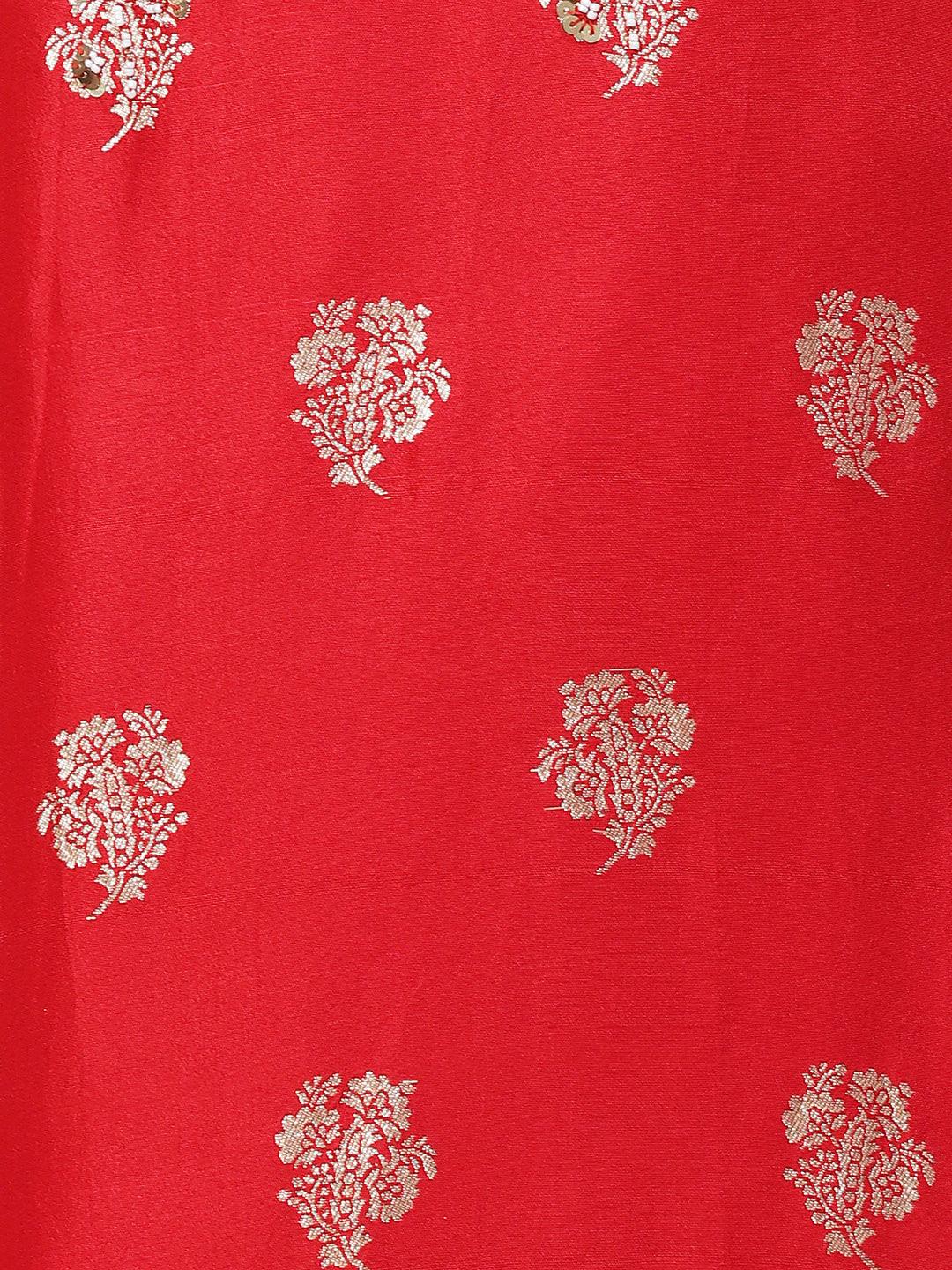 Ethnic Woven & Hand Embroidered Straight Fit Kurta - Red - Indiakreations