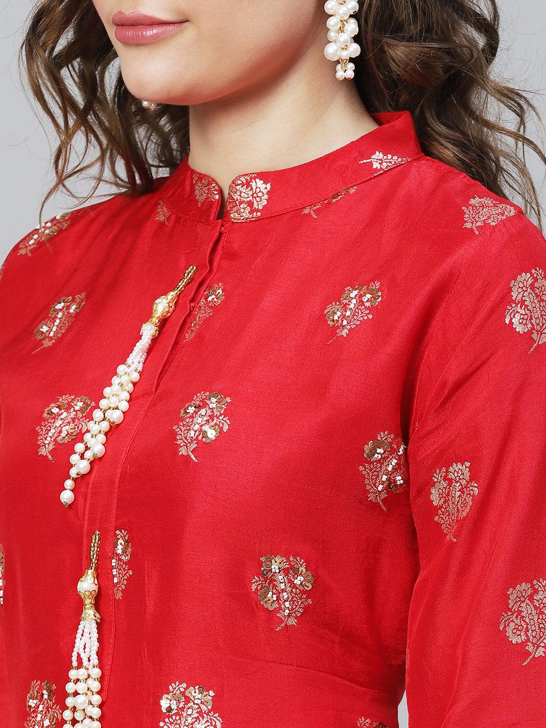 Ethnic Woven & Hand Embroidered Straight Fit Kurta - Red - Indiakreations