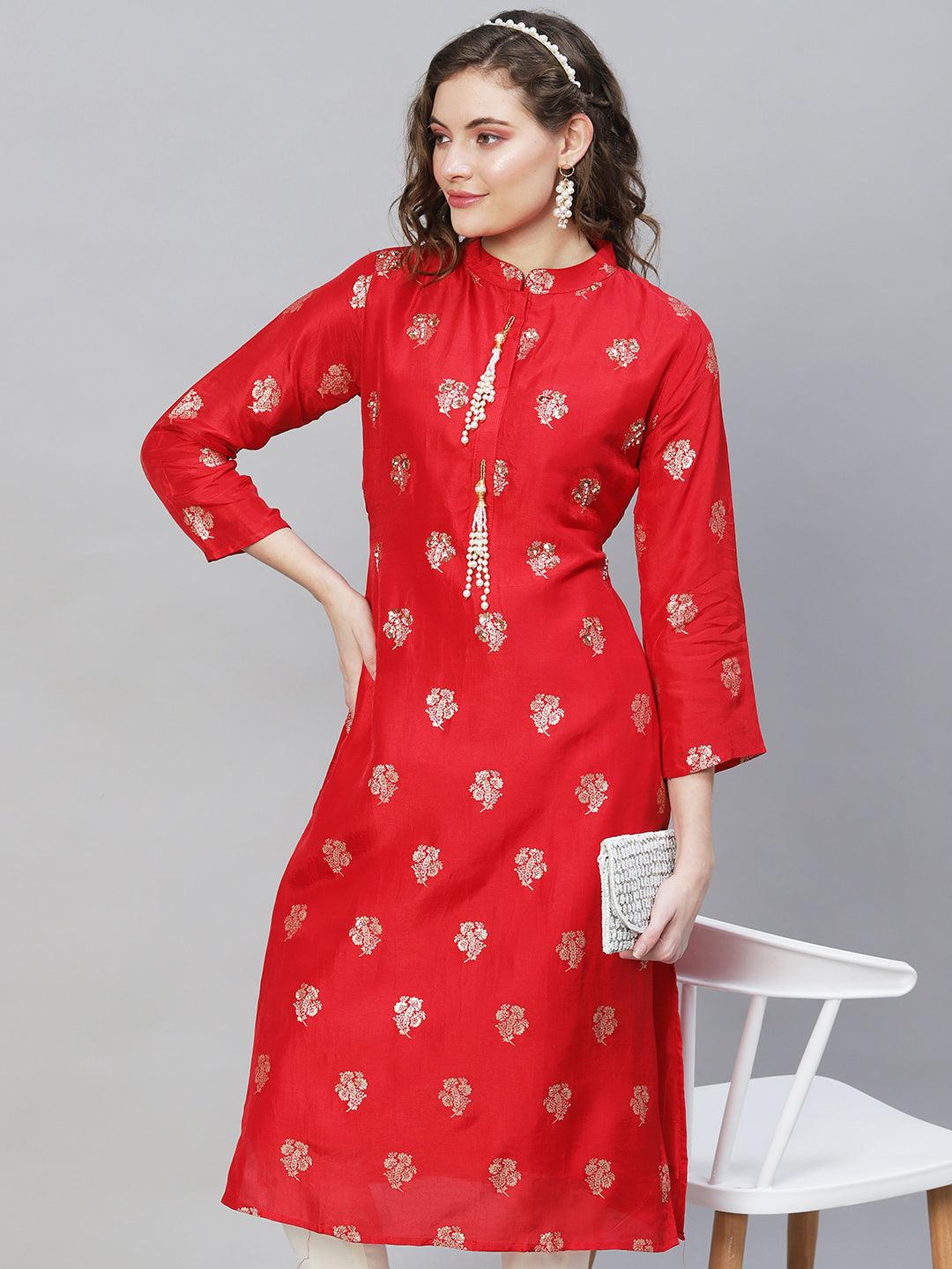 Ethnic Woven & Hand Embroidered Straight Fit Kurta - Red - Indiakreations