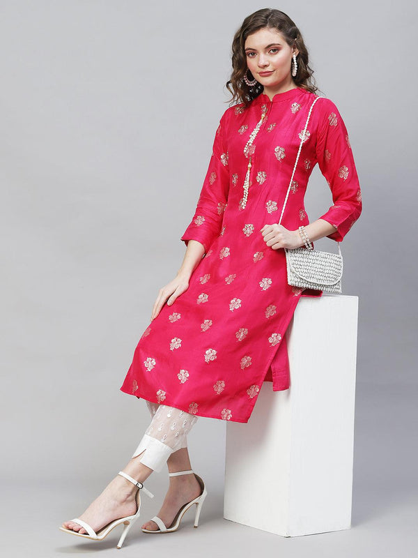 Ethnic Woven & Hand Embroidered Straight Fit Kurta - Rani Pink - Indiakreations