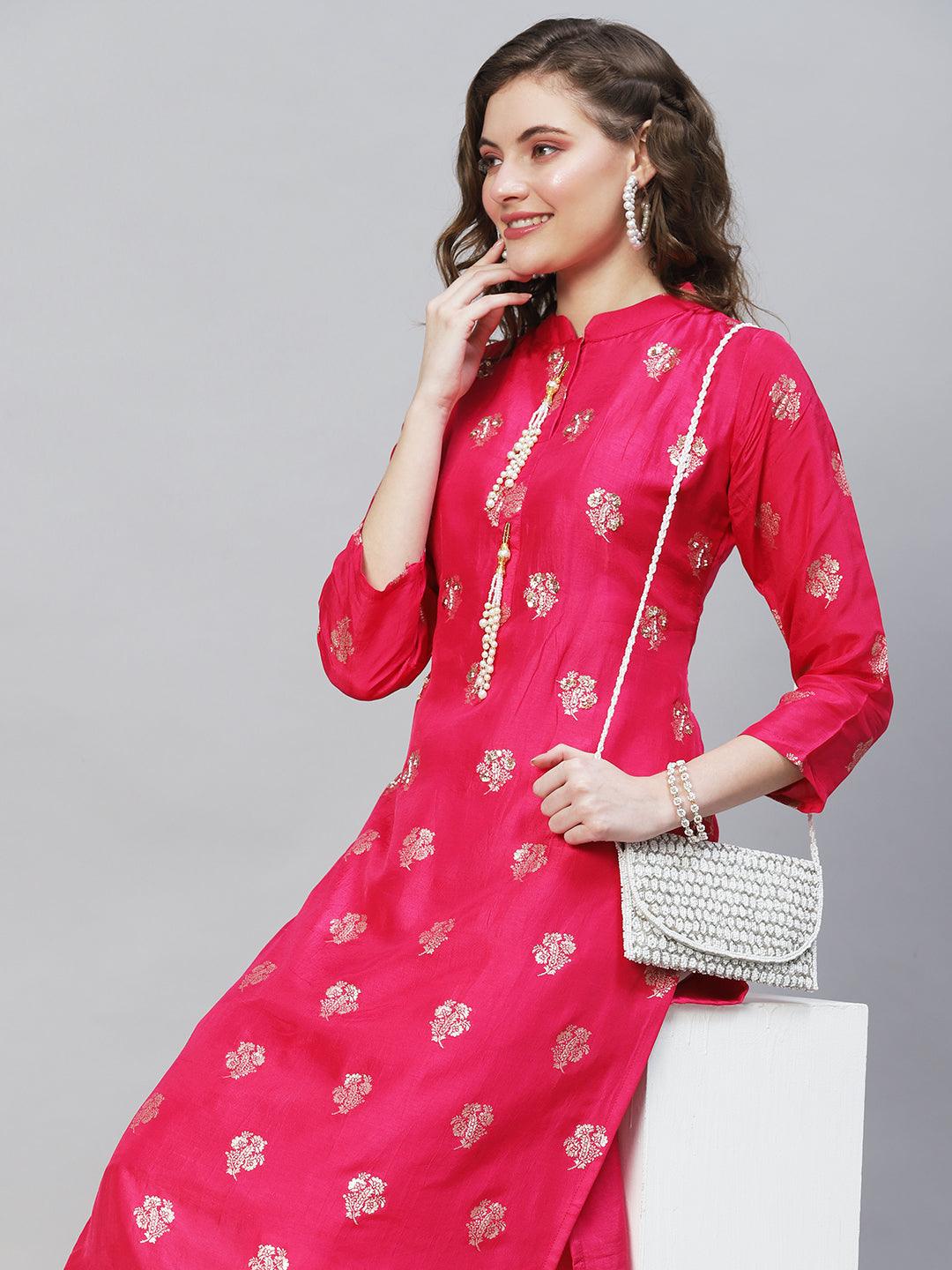 Ethnic Woven & Hand Embroidered Straight Fit Kurta - Rani Pink - Indiakreations