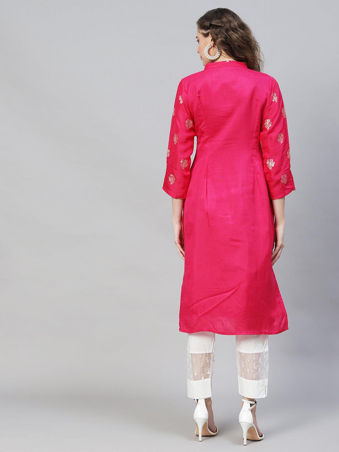 Ethnic Woven & Hand Embroidered Straight Fit Kurta - Rani Pink - Indiakreations