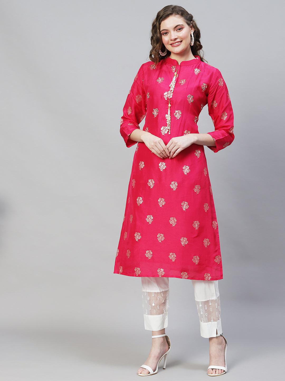 Ethnic Woven & Hand Embroidered Straight Fit Kurta - Rani Pink - Indiakreations