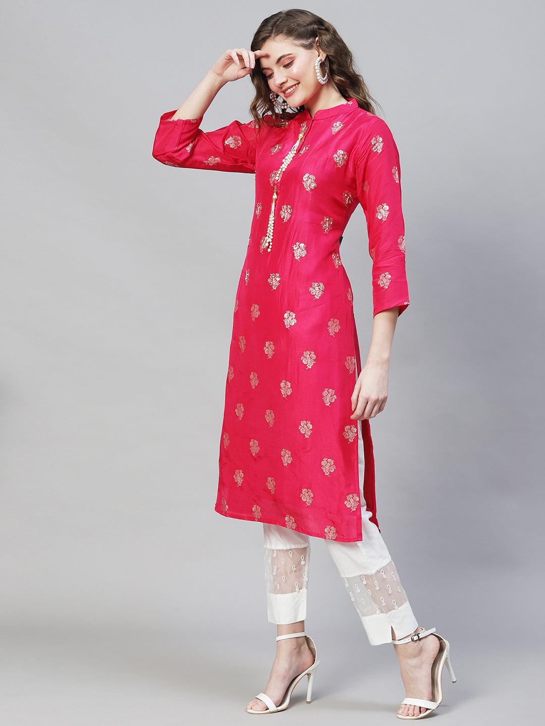 Ethnic Woven & Hand Embroidered Straight Fit Kurta - Rani Pink - Indiakreations