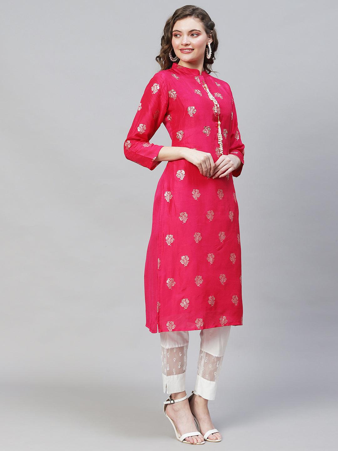 Ethnic Woven & Hand Embroidered Straight Fit Kurta - Rani Pink - Indiakreations