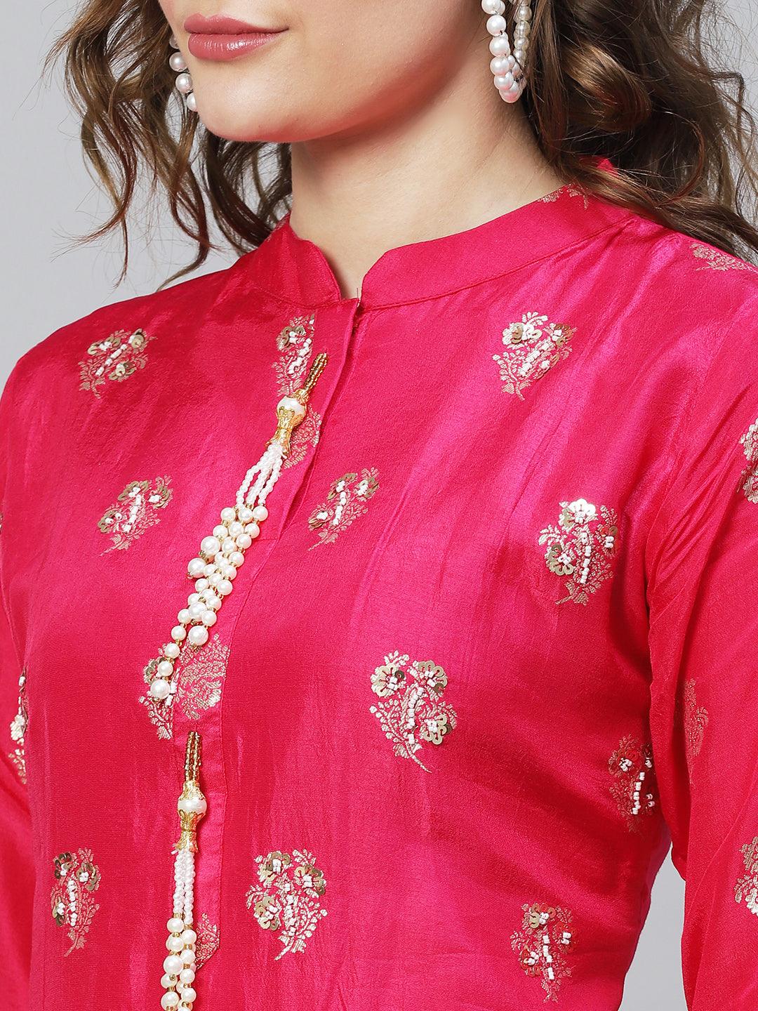 Ethnic Woven & Hand Embroidered Straight Fit Kurta - Rani Pink - Indiakreations